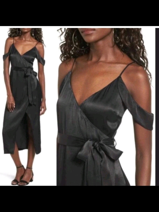 Bardot Dresses & Skirts - Bardot Black Satin Like Cold Shoulder Midi Dress Size 10 Missing Belt